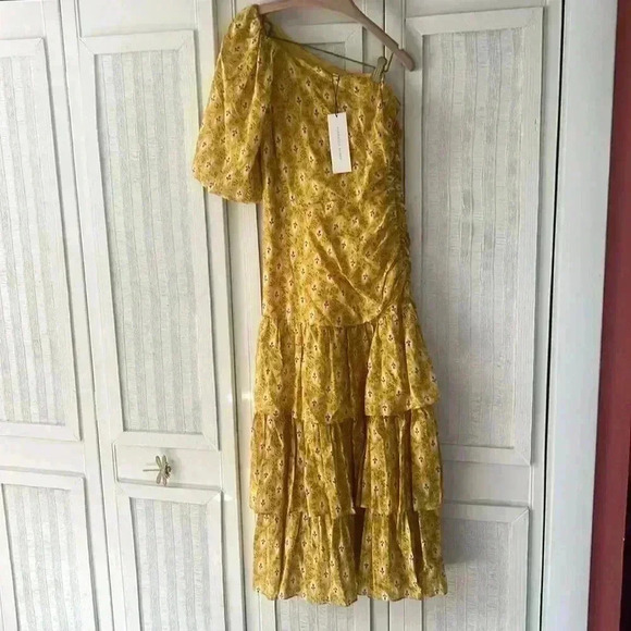VERONICA BEARD Virginia Dress One Shoulder Floral Layered Yellow Cotton 6 NWT - Picture 5 of 10